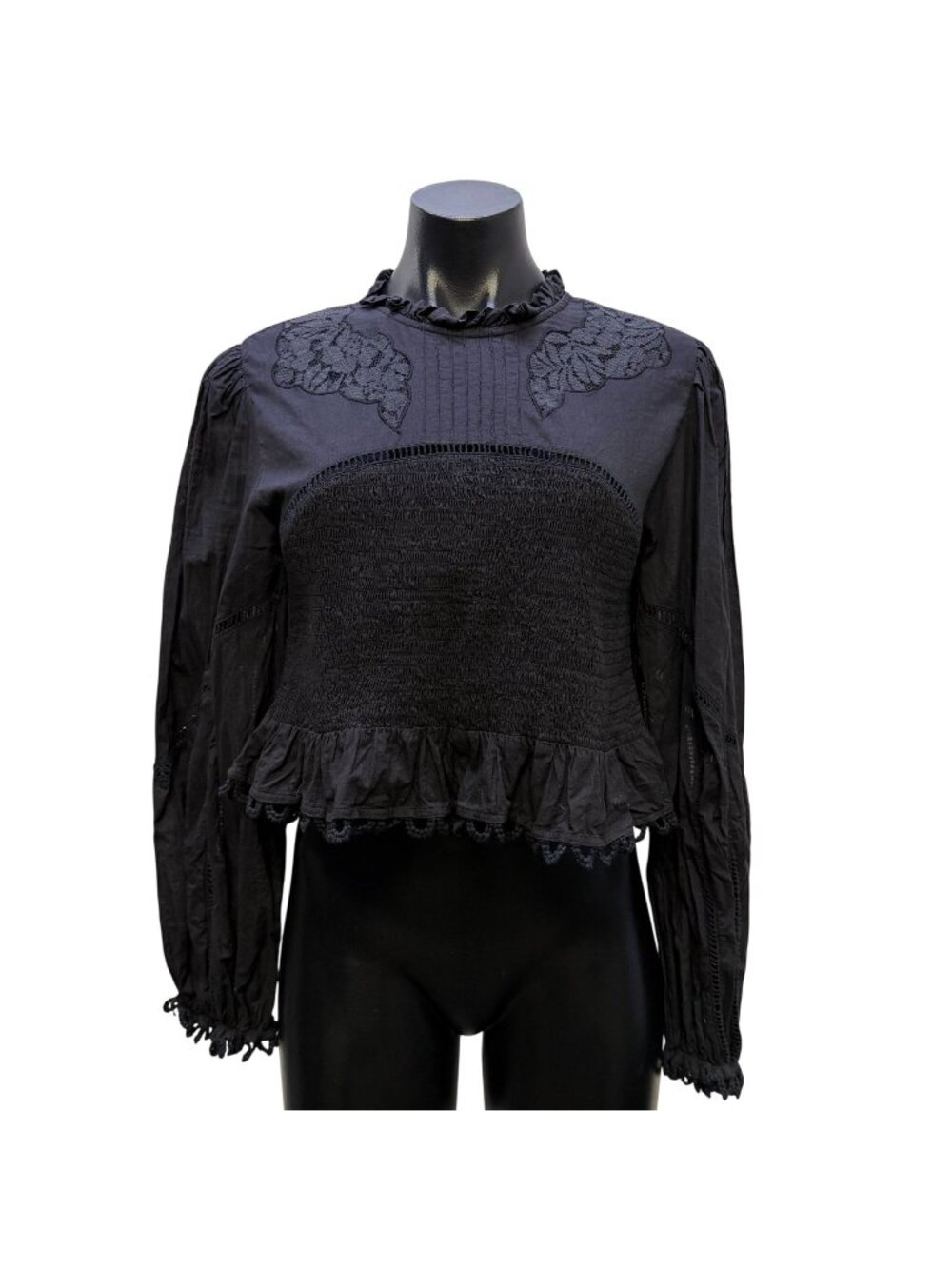 Farm Rio Black Smocked Long Sleeve Blouse With Lace Details M